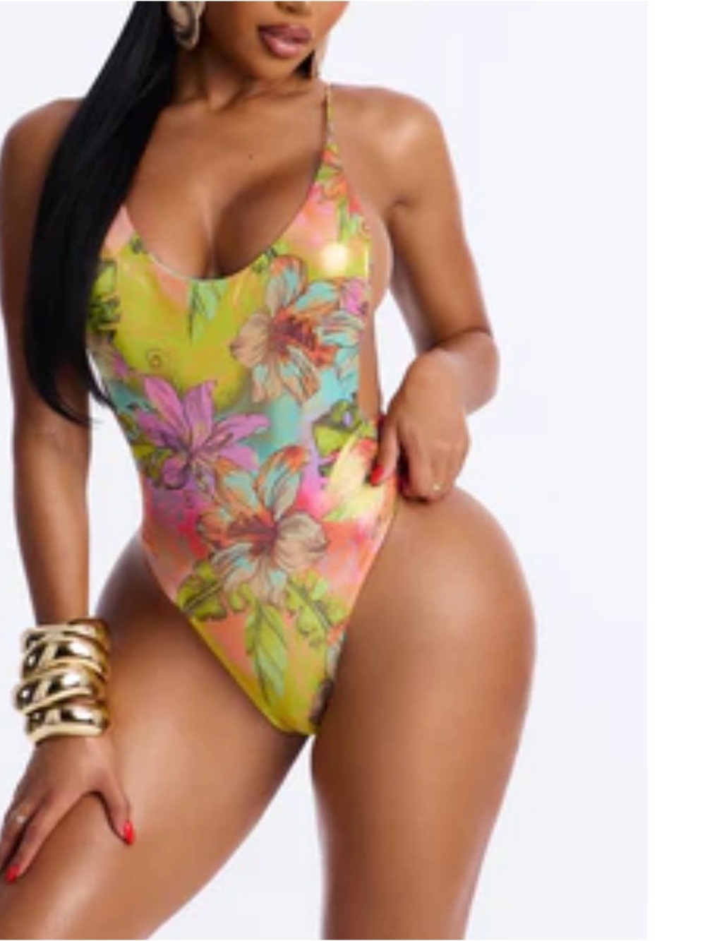 Floral Print Neon One-Piece Swimsuit - Yellow Multi